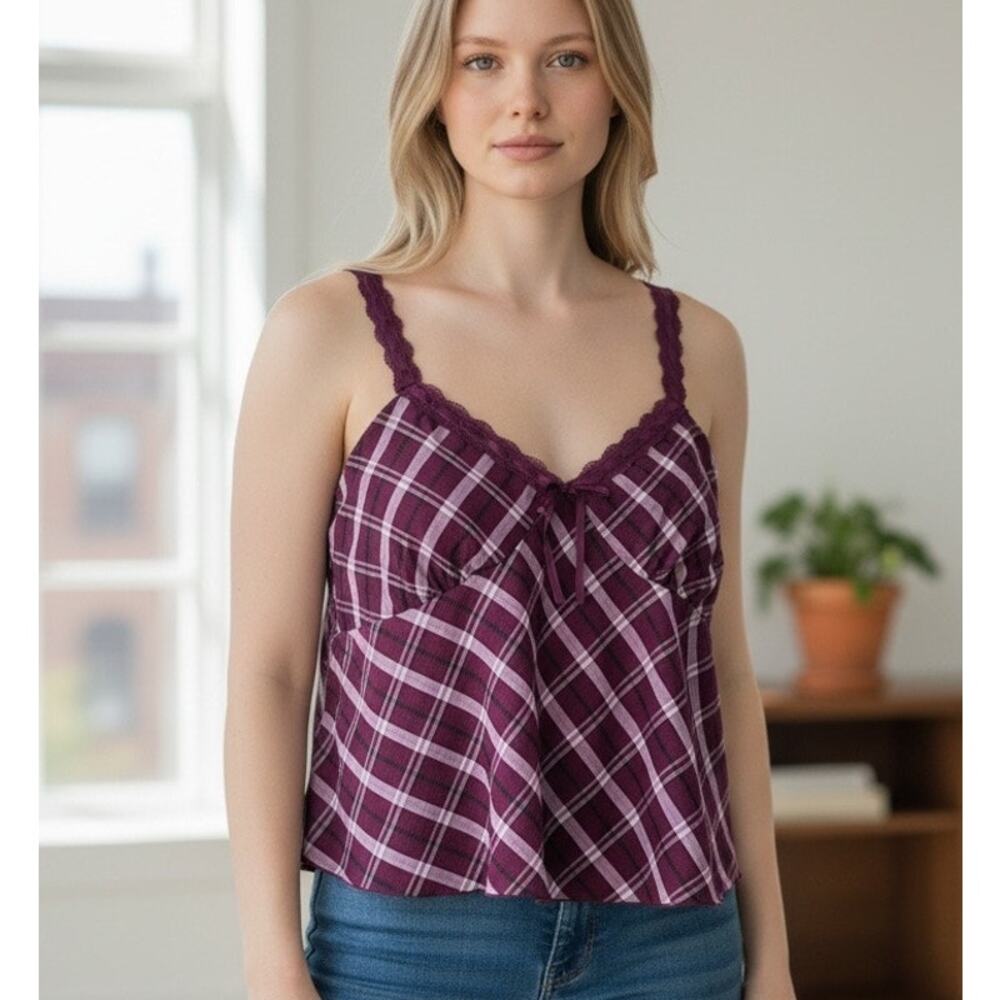 Baby Doll Top Cropped Burgundy Plaid Y2K Lace Bow Milk Maid XXL No Boundaries
